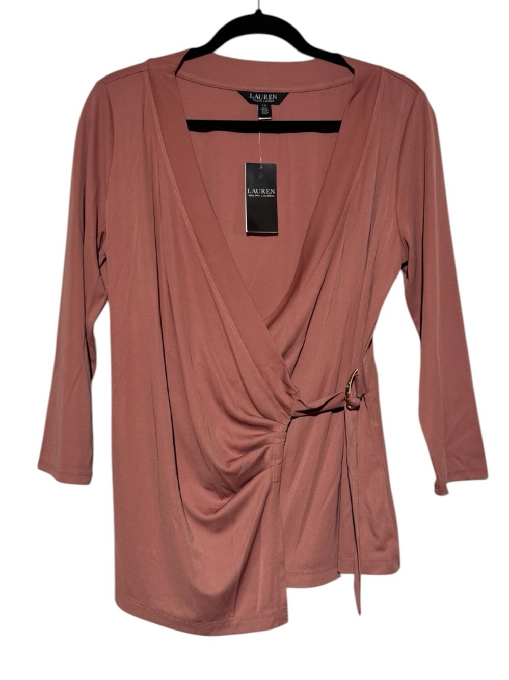 Ralph Lauren NWT Rose Pink Wrap Top Size L Slinky‎ Stretch Equestrian Classic